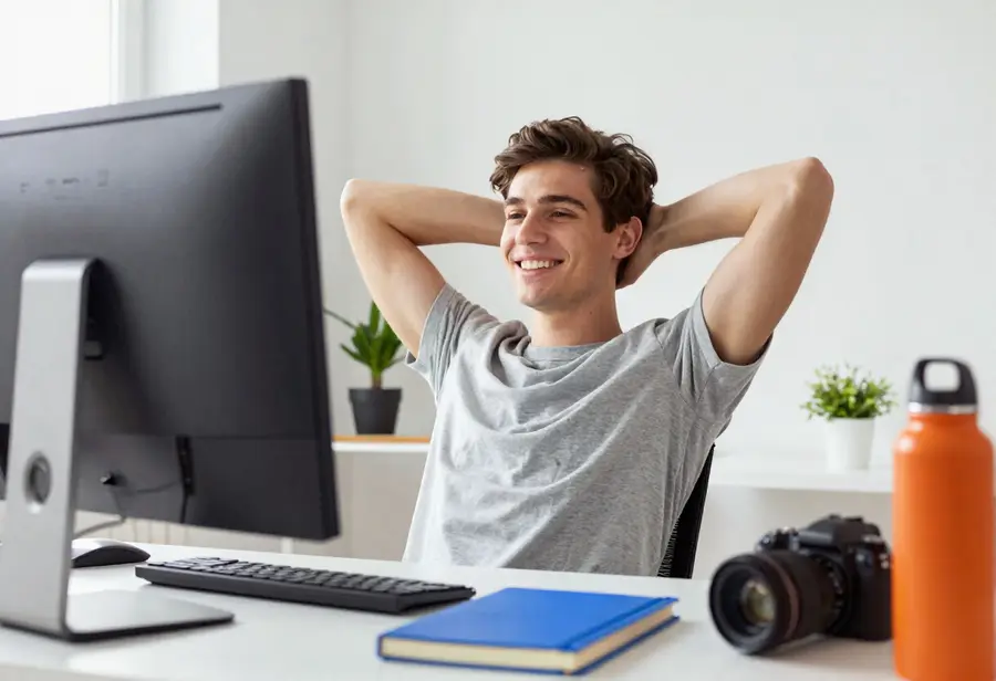 A young man at his desk leaning back with his hands behind his head, grinning at his screen
