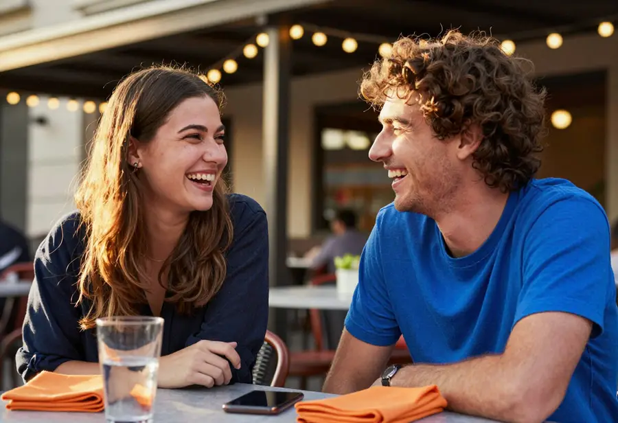 Two friends laughing together at an outdoor table at sunset, a phone lying face-down and ignored beside them