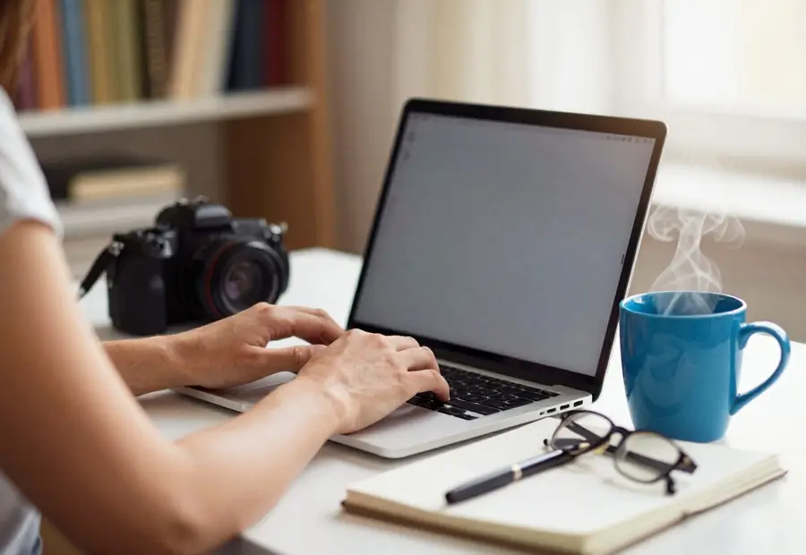 Hands typing on a laptop beside a camera and a notebook