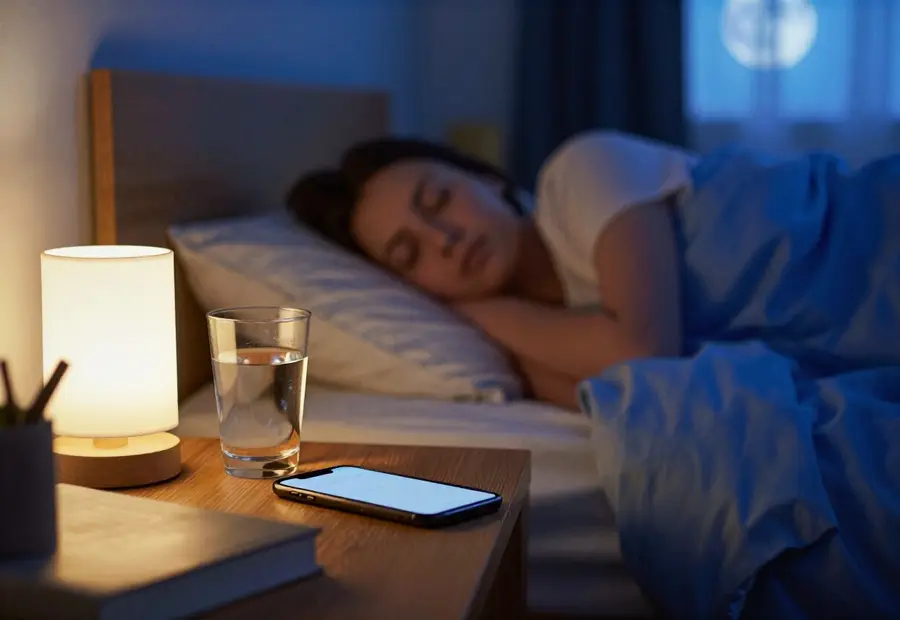 A phone lighting up on a bedside table at night