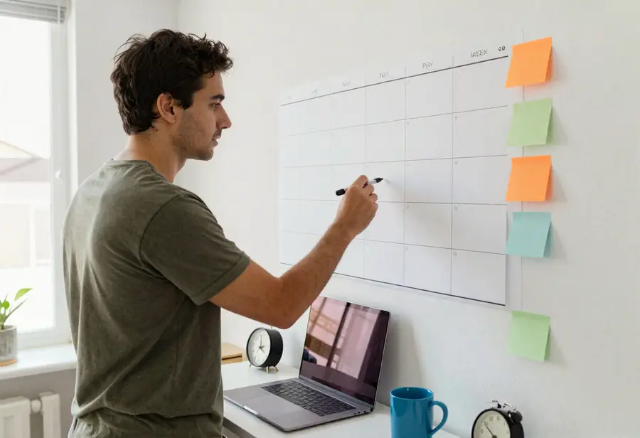 A man standing at a wall planner with a marker, planning his week beside a laptop and a mug