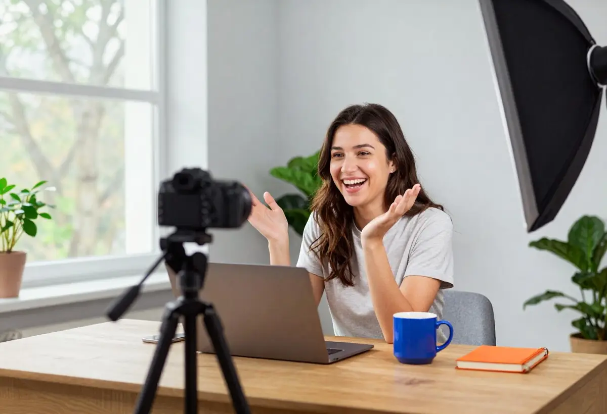 A creator filming herself at a desk in a bright home studio