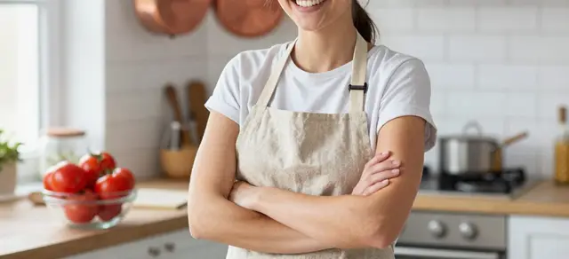 A cook in a bright kitchen