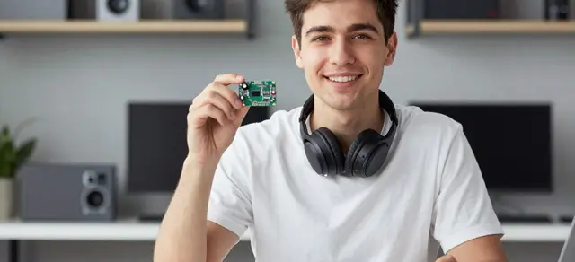 An electronics repairer holding a circuit board