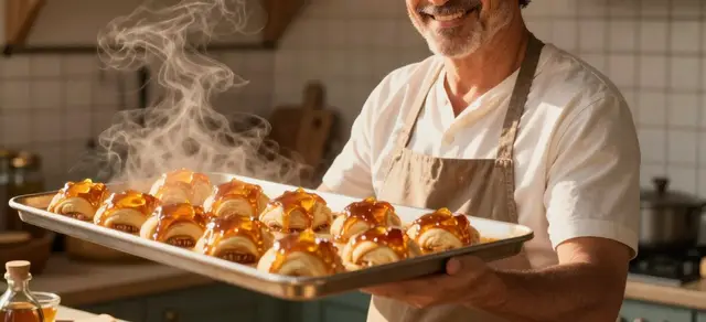 A baker carrying a tray of fresh pastries